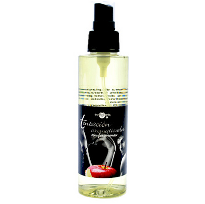 Frasco de ambientador TENTACION com aroma de leite de coco e feromonas 150ml, exibindo o spray e o design da embalagem.