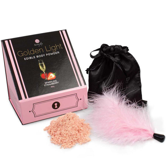 Kit SECRETPLAY de pós comestíveis de morango e espumante com brilho dourado e pena para massagem sensual.