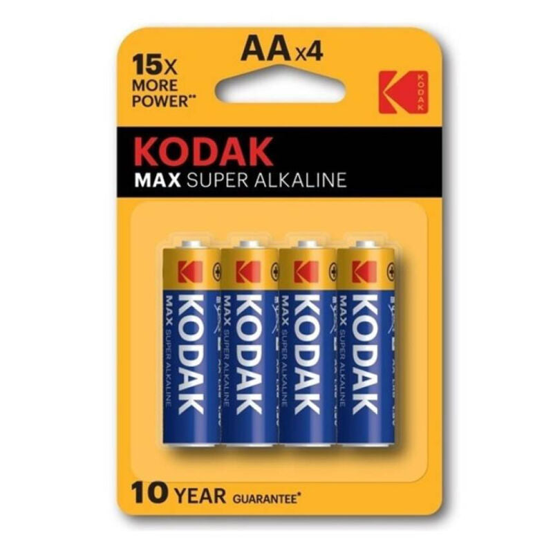Pilhas alcalinas KODAK MAX AA LR6, pack com 4 unidades, prontas para uso em dispositivos eletrónicos.