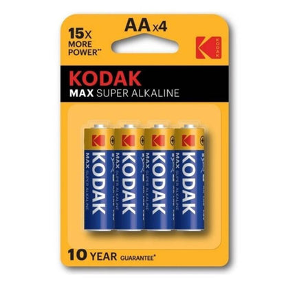 Pilhas alcalinas KODAK MAX AA LR6, pack com 4 unidades, prontas para uso em dispositivos eletrónicos.