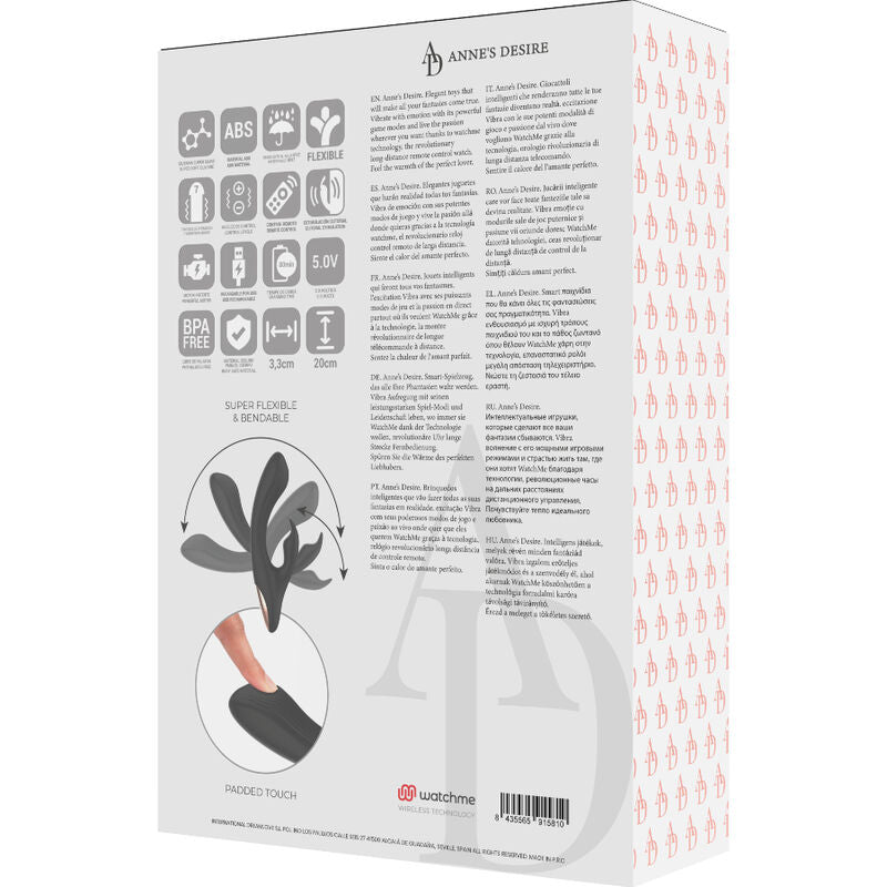 Close-up do ANNE'S DESIRE Vibrador Rabbit com Tecnologia WATCHME e Controle Remoto, mostrando seu design ergonómico e material de silicone.