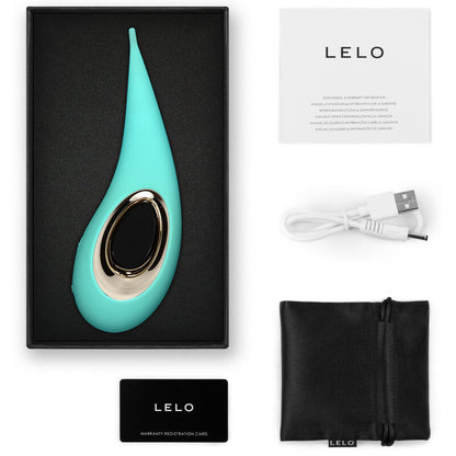 Detalhe do estimulador clitoriano LELO DOT Aqua, mostrando seu design ergonômico e acabamento em silicone.