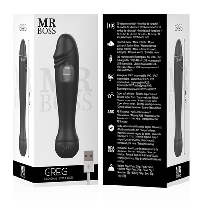 MR BOSS Estimulador Pessoal Greg, vibrador de silicone super macio com 10 modos de vibração e recarga USB.