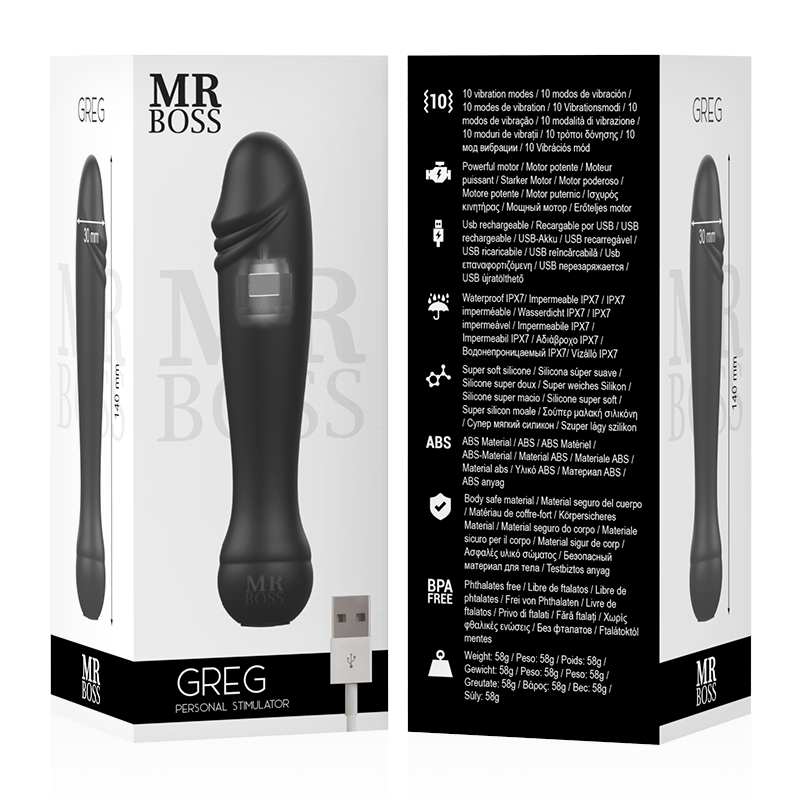 MR BOSS Estimulador Pessoal Greg, vibrador de silicone super macio com 10 modos de vibração e recarga USB.