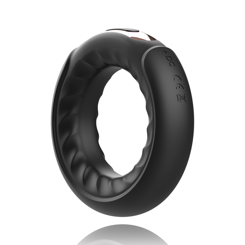 Anel Vibrador ANBIGUO Adriano em silicone preto, com detalhes vibratórios e design ergonómico.