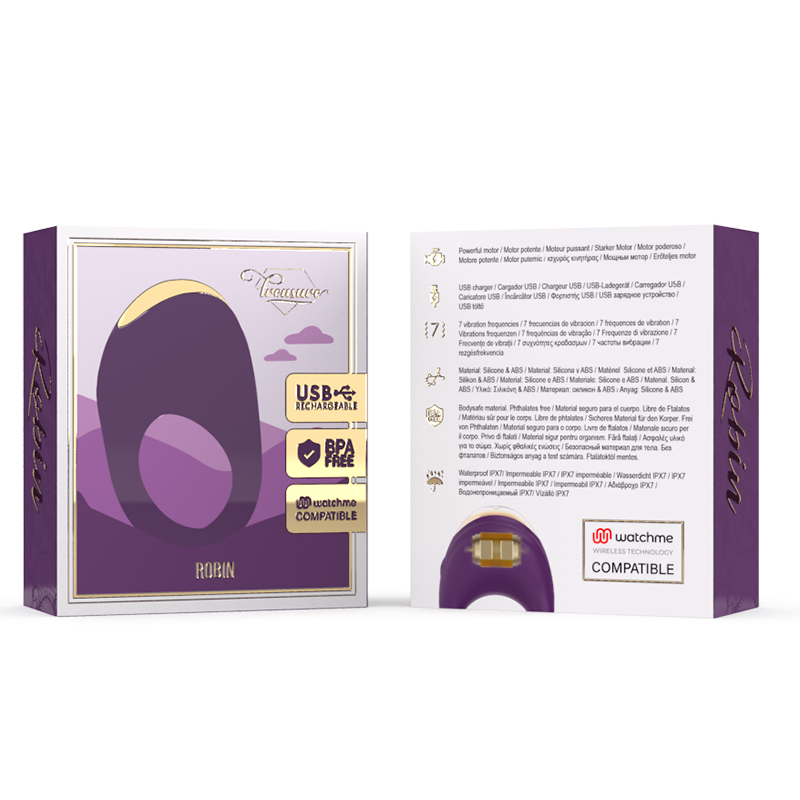 Anel Vibratório TREASURE Robin com tecnologia WATCHME, mostrando seu design ergonómico e material de silicone.