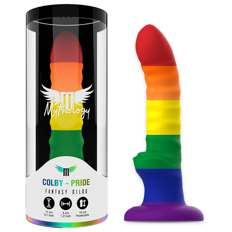 Close-up do Dildo MYTHOLOGY Orgulho Colby 17cm, destacando seu design único e cor vibrante.