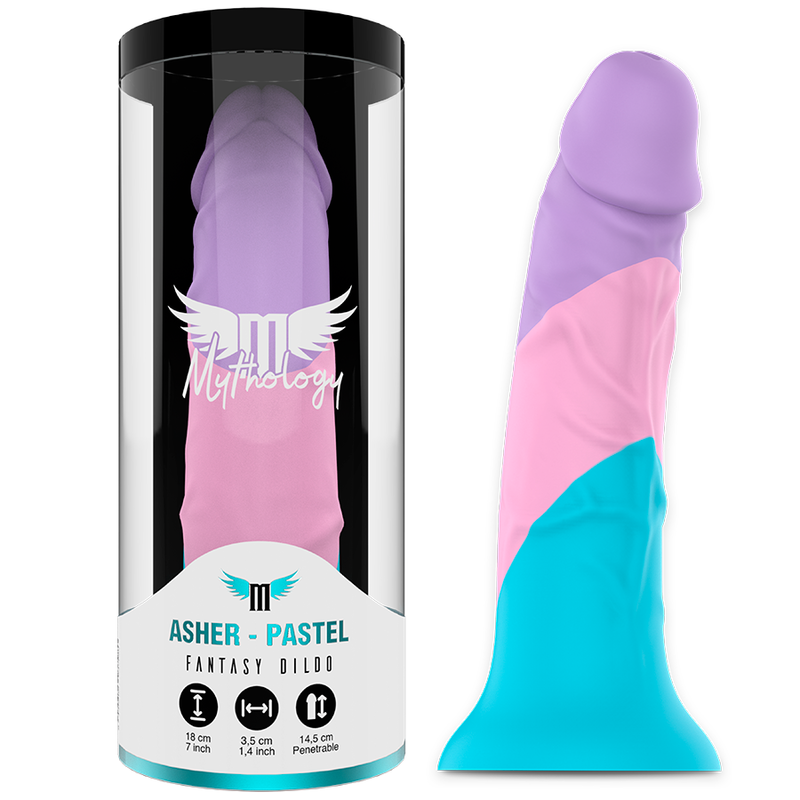 Close-up do Dildo MYTHOLOGY Asher Pastel, destacando o seu design ergonómico e textura suave de silicone.