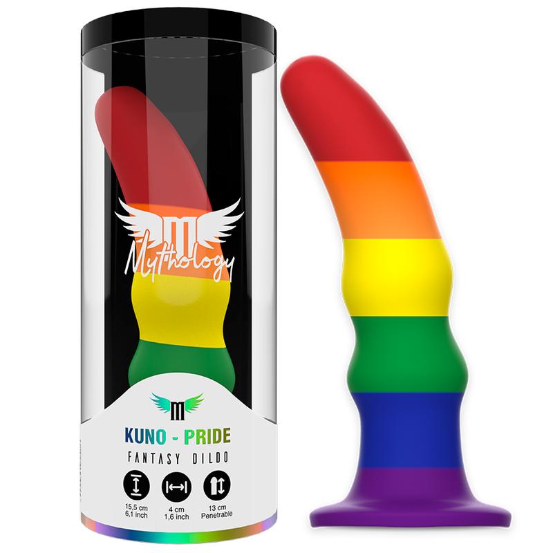 Close-up of the MYTHOLOGY Kuno Pride Dildo Vibratório M, showing its unique design and silicone texture.