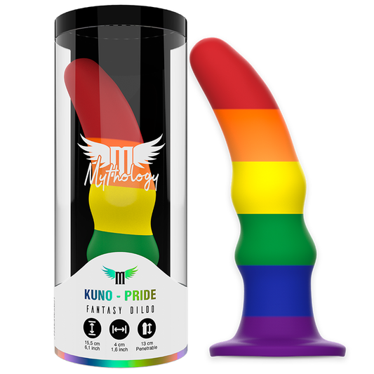 Close-up of the MYTHOLOGY Kuno Pride Dildo Vibratório M, showing its unique design and silicone texture.