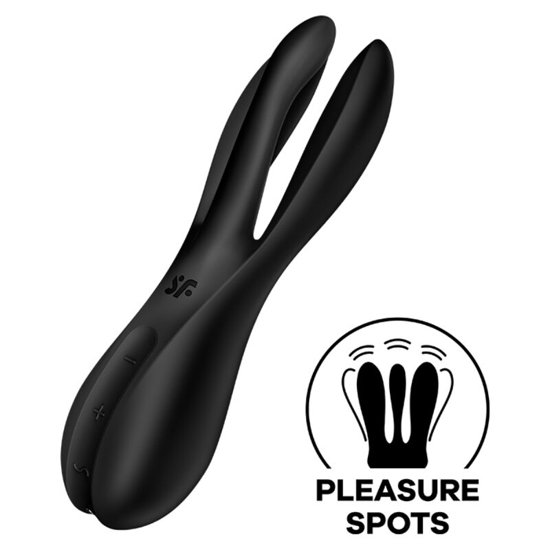 Close-up do vibrador Satisfyer Threesome 2 Preto, mostrando os seus três braços flexíveis e o design elegante.