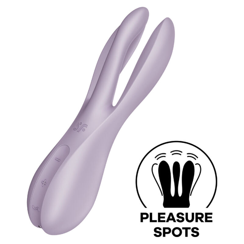 Close-up do vibrador Satisfyer Threesome 2 Preto, mostrando os seus três braços flexíveis e o design elegante.