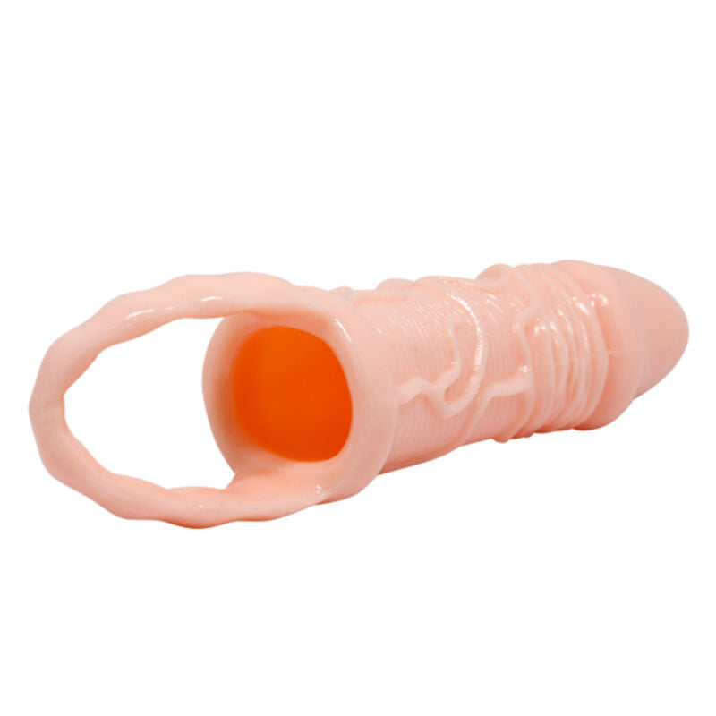 Close-up of the PRETTY LOVE Bainha de Pénis Breyden com Contenção Testicular, highlighting its natural color and textured design.