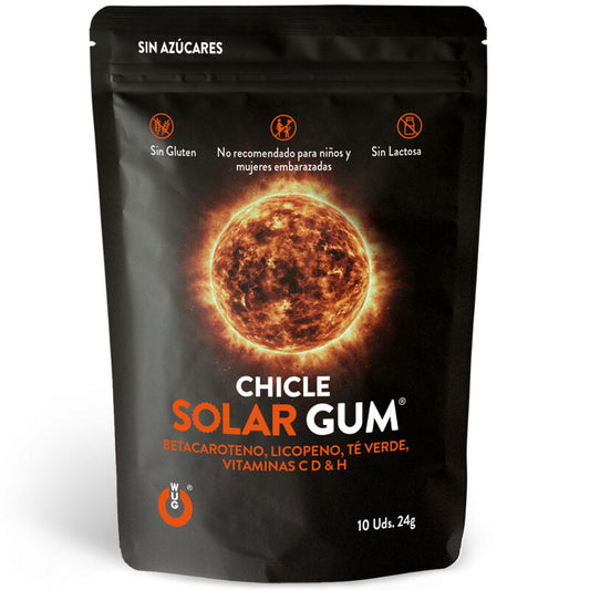 Embalagem de WUG GUM Pastilha Elástica Solar 10 Unidades, com ingredientes para ativar o bronzeado.