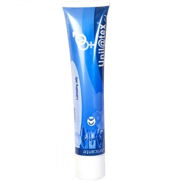 Embalagem do UNILATEX Gel Lubrificante Íntimo Neutro à Base de Água 82GR, mostrando o design prático.