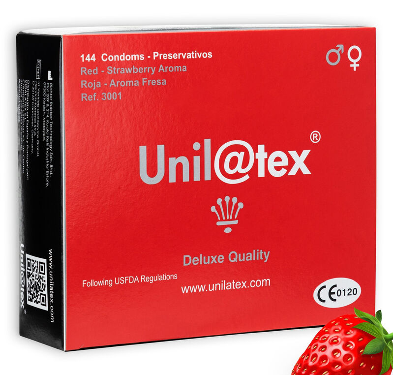 Embalagem de preservativos UNILATEX Morango Vermelho 144 Unidades, destacando a cor e o sabor.