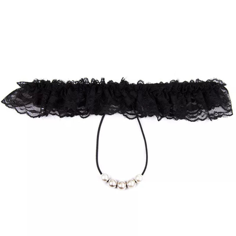 Calcinha de Pérolas OHMAMA One Size Preta, detalhe da lingerie e das pérolas.