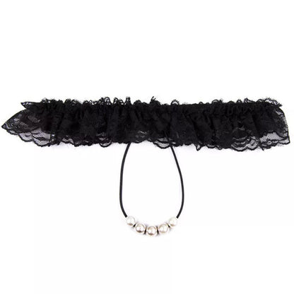 Calcinha de Pérolas OHMAMA One Size Preta, detalhe da lingerie e das pérolas.