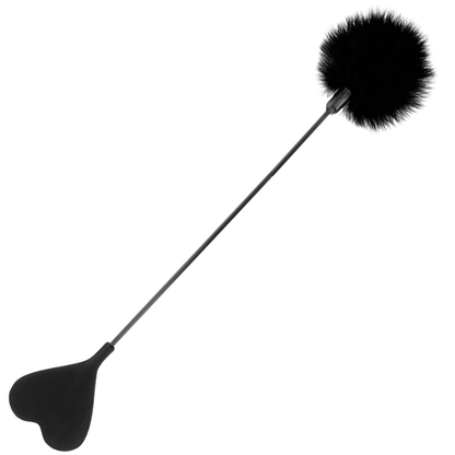 Chicote de penas dupla face Darkness 40cm preto para jogos de BDSM e exploração sensorial.