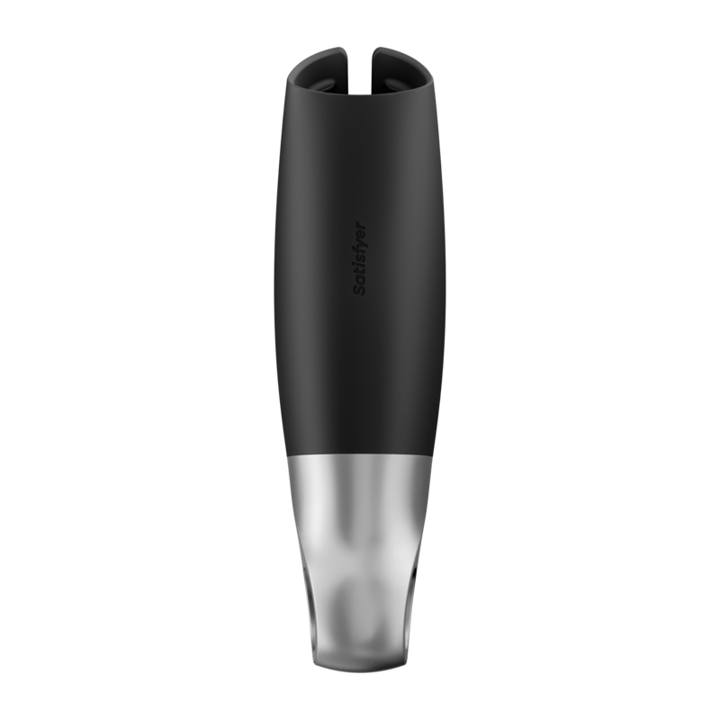Satisfyer Masturbador Power Preto, mostrando a forma flexível e detalhes do design.