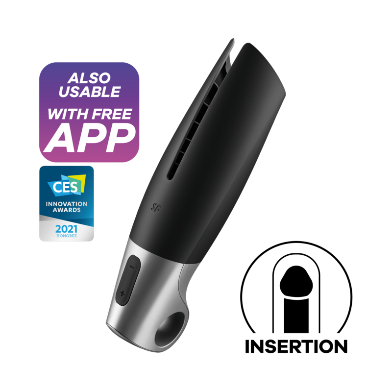Satisfyer Masturbador Power Preto, mostrando a forma flexível e detalhes do design.