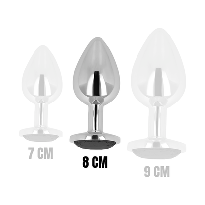 OHMAMA Plug Anal com Cristal Preto 8cm, detalhe do design elegante e superfície lisa em alumínio.