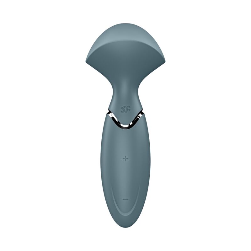 Close-up do vibrador varinha Satisfyer Mini Wand-er azul, mostrando seu design ergonómico e material de silicone.