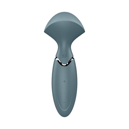 Close-up do vibrador varinha Satisfyer Mini Wand-er azul, mostrando seu design ergonómico e material de silicone.