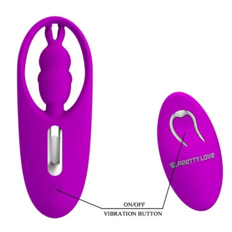 Close-up do PRETTY LOVE Vibrador Rabbit Clitoriano com Controlo Remoto Lilac, destacando seu design ergonómico em silicone e o controlo remoto sem fios.