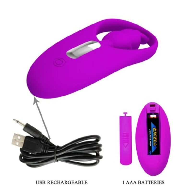 Close-up do PRETTY LOVE Vibrador Rabbit Clitoriano com Controlo Remoto Lilac, destacando seu design ergonómico em silicone e o controlo remoto sem fios.