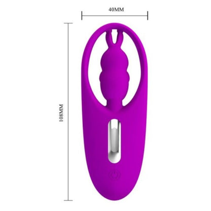 Close-up do PRETTY LOVE Vibrador Rabbit Clitoriano com Controlo Remoto Lilac, destacando seu design ergonómico em silicone e o controlo remoto sem fios.