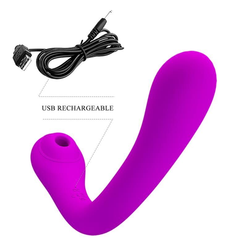 Close-up of the PRETTY LOVE Vibrador Alex com Sucção Clitoriana e Ponto G Lilás showing its flexible design and dual stimulation features.