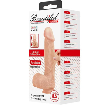 Close-up do BAILE - BELO ENCONTRO Dildo Realístico Flexível Bahamut 21.8 CM Natural mostrando sua textura e características.