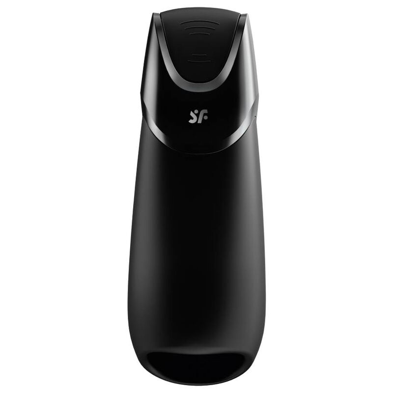 Close-up do Satisfyer Men Vibration+ Masturbador Vibratório com App, exibindo seu design elegante em preto e textura suave de silicone.