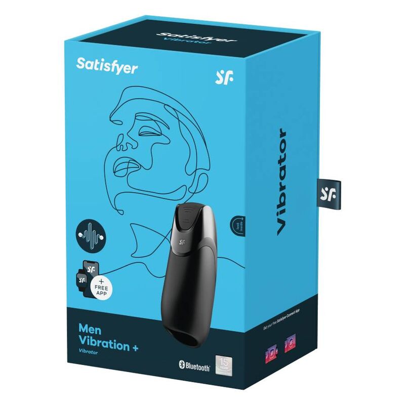 Close-up do Satisfyer Men Vibration+ Masturbador Vibratório com App, exibindo seu design elegante em preto e textura suave de silicone.