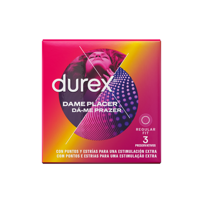 Embalagem dos Preservativos Durex Prazer com Pontos e Estrias 3 Unidades, destacando a textura.