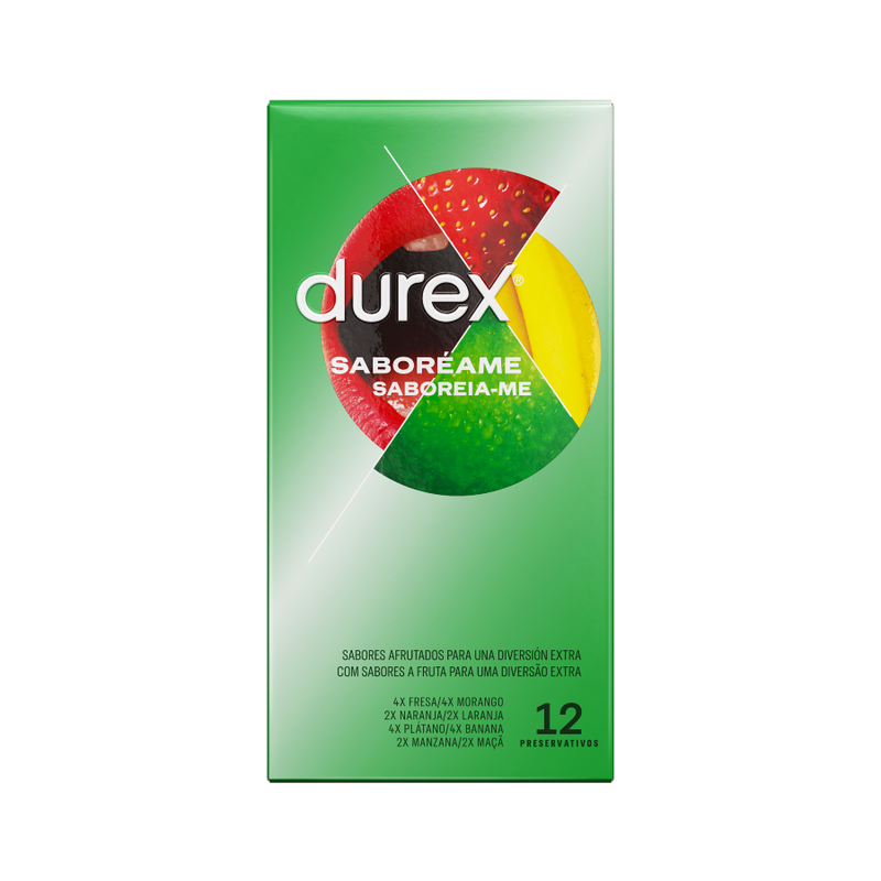Embalagem e conteúdo dos Preservativos DUREX Saboreame 12 Unidades com sabores frutados