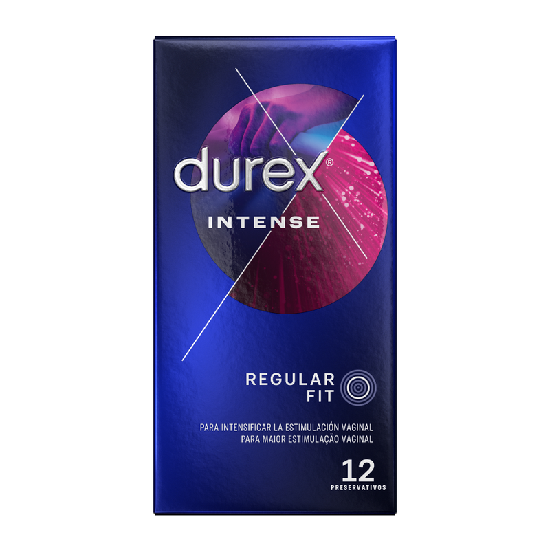 Durex Preservativos Orgasmo Intenso 12 Unidades, embalagem e pormenor do preservativo com textura estimulante e gel