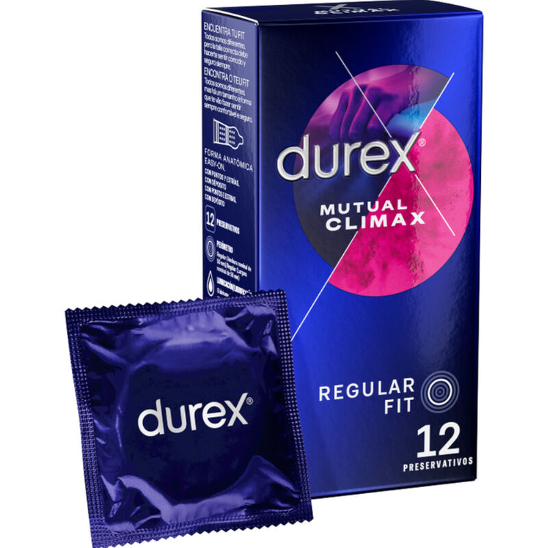 DUREX Preservativos Clímax Mútuo 12 Unidades, embalagem e detalhes do preservativo.