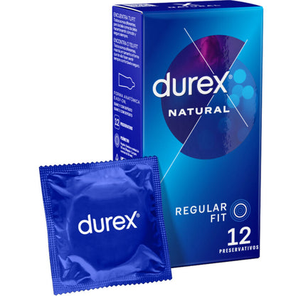 Embalagem dos DUREX Preservativos Natural Plus com 12 unidades, destacando o formato anatômico para conforto e segurança.