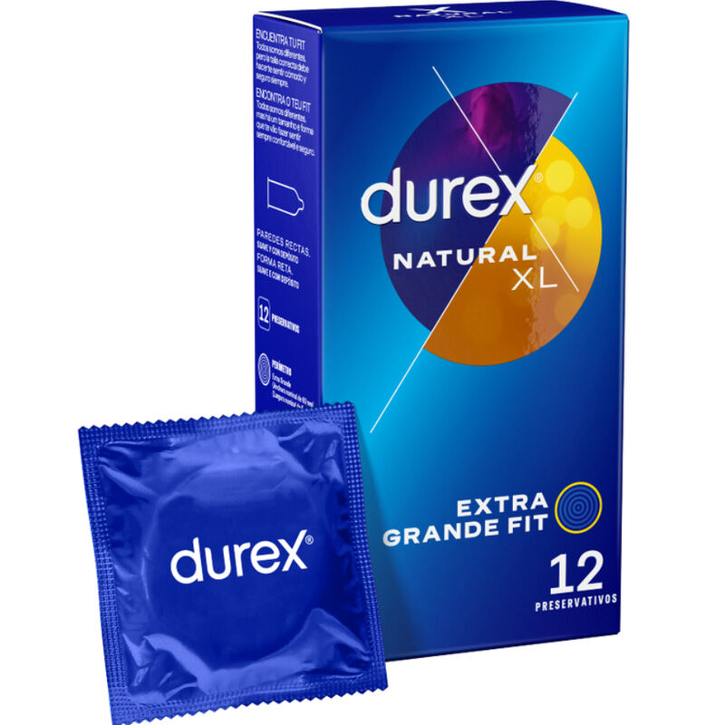 Embalagem dos Preservativos DUREX NATURAL XL 12 Unidades, indicando o tamanho e a marca.