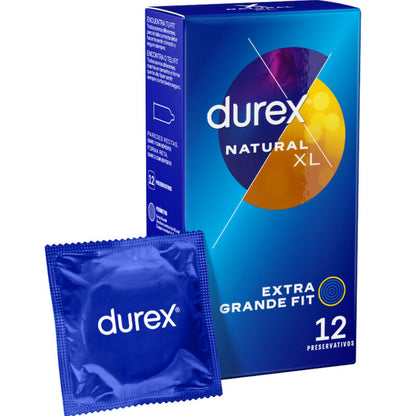 Embalagem dos Preservativos DUREX NATURAL XL 12 Unidades, indicando o tamanho e a marca.