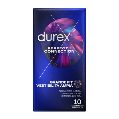 Embalagem dos Preservativos DUREX Conexão Perfeita com 10 unidades, realçando a lubrificação extra de silicone.