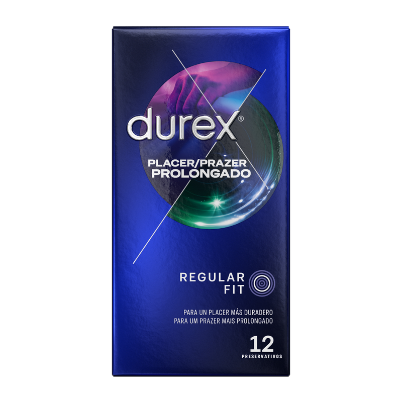 Embalagem de DUREX Preservativos Retardantes com Benzocaína 12 UNIDADES, mostrando o design da marca e a quantidade.