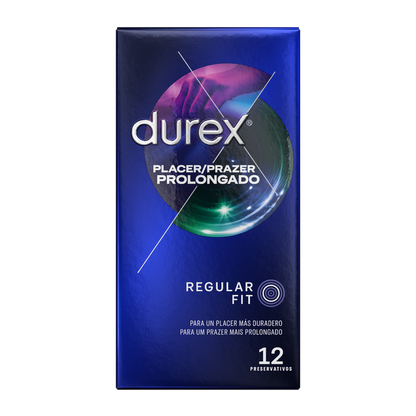 Embalagem de DUREX Preservativos Retardantes com Benzocaína 12 UNIDADES, mostrando o design da marca e a quantidade.