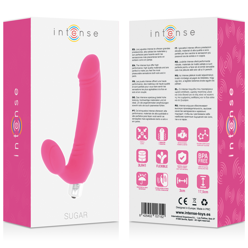Close-up do Vibrador Intense Açúcar de silicone fúchsia, destacando seu design ergonómico e textura suave.