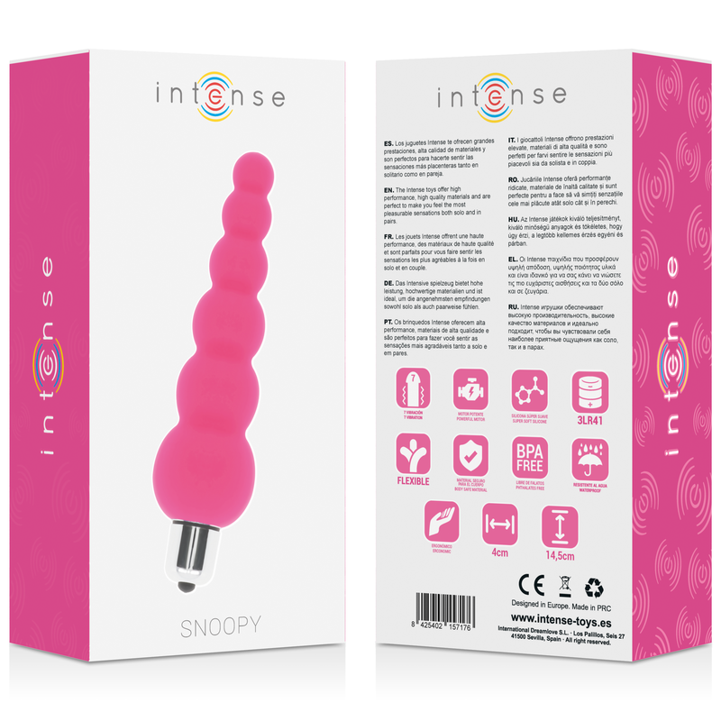 Vibrador Intense Snoopy de silicone rosa com 7 velocidades para estimulação íntima e versátil.