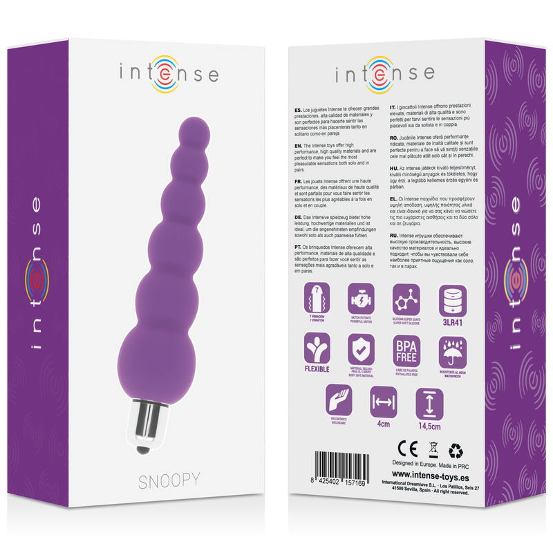 Close-up of the Intense Vibrador Snoopy 7 Velocidades Silicone Lila, showing its texture and features.