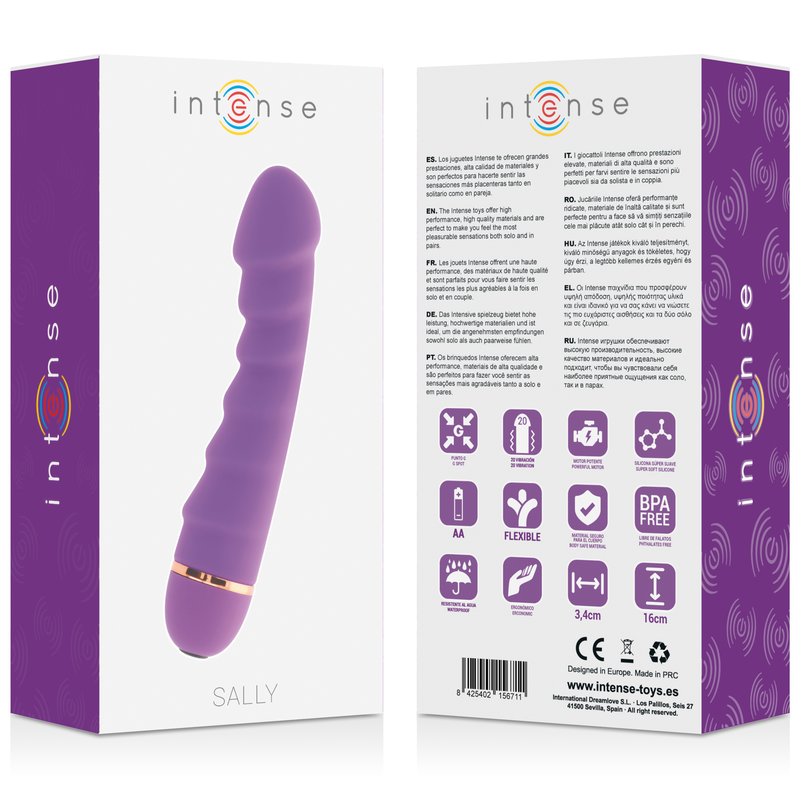 Vibrador Intense Sally Lilac em silicone com ponta curva para ponto G e 20 velocidades.