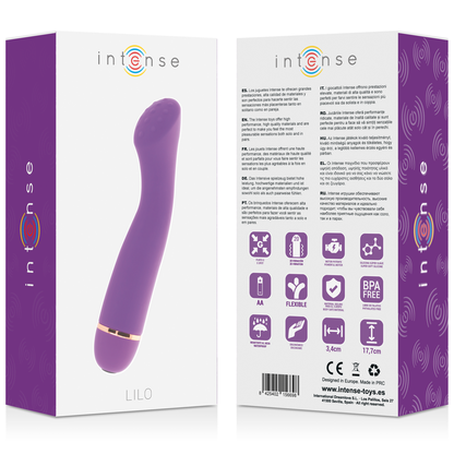 Close-up do Vibrador Intense Lilo em Silicone Lilás, destacando seu design ergonômico e ponta curva para estimulação do Ponto G.